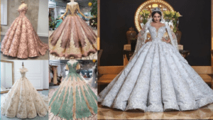 शानदार सफेद वेडिंग गाउन सुंदर लेस डिज़ाइन लंबा घेरा दुल्हन के लिए परफेक्ट विकल्प!