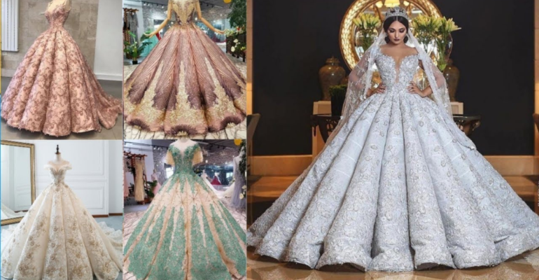 शानदार सफेद वेडिंग गाउन सुंदर लेस डिज़ाइन लंबा घेरा दुल्हन के लिए परफेक्ट विकल्प!