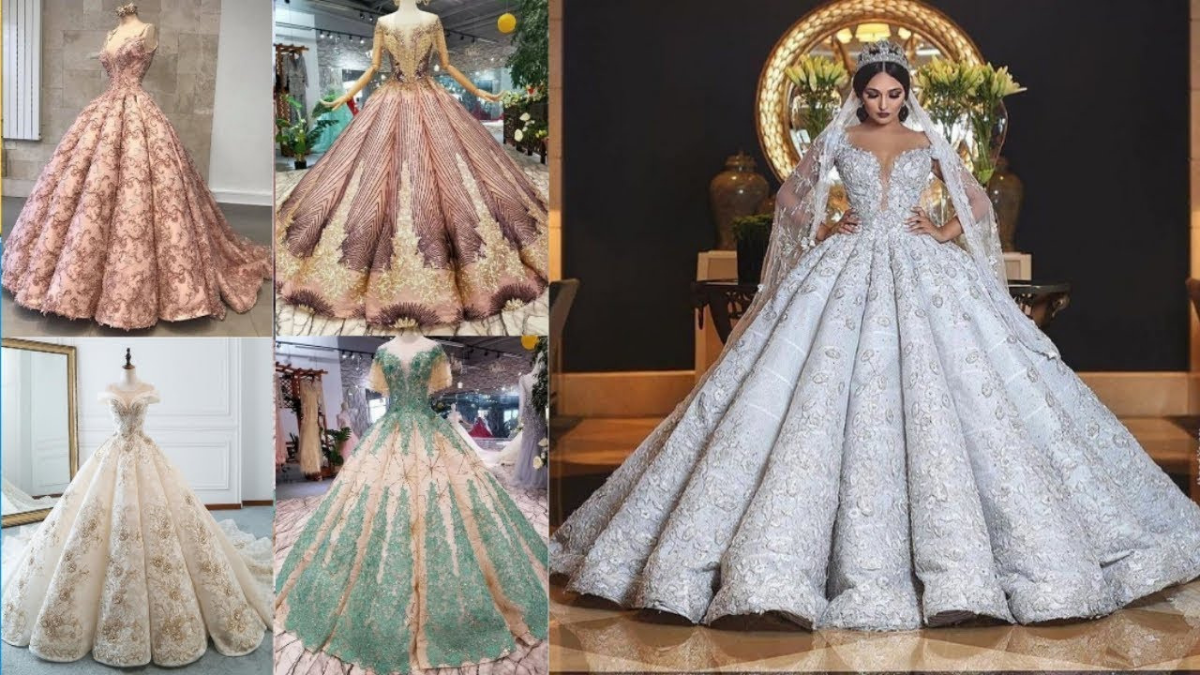 शानदार सफेद वेडिंग गाउन सुंदर लेस डिज़ाइन लंबा घेरा दुल्हन के लिए परफेक्ट विकल्प!