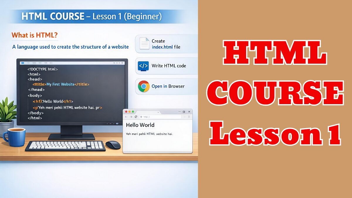 HTML Course Lesson 1 beginner infographic showing basic HTML code and Hello World example