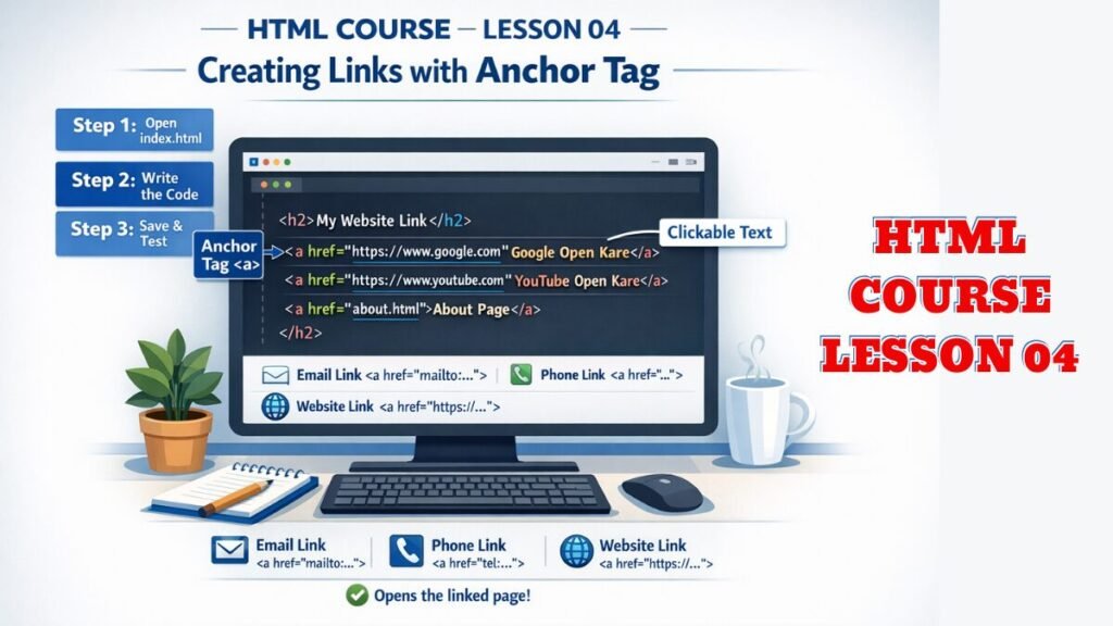 HTML Anchor Tag Tutorial infographic showing how to create website, email, phone, and page links in HTML Course Lesson 04.