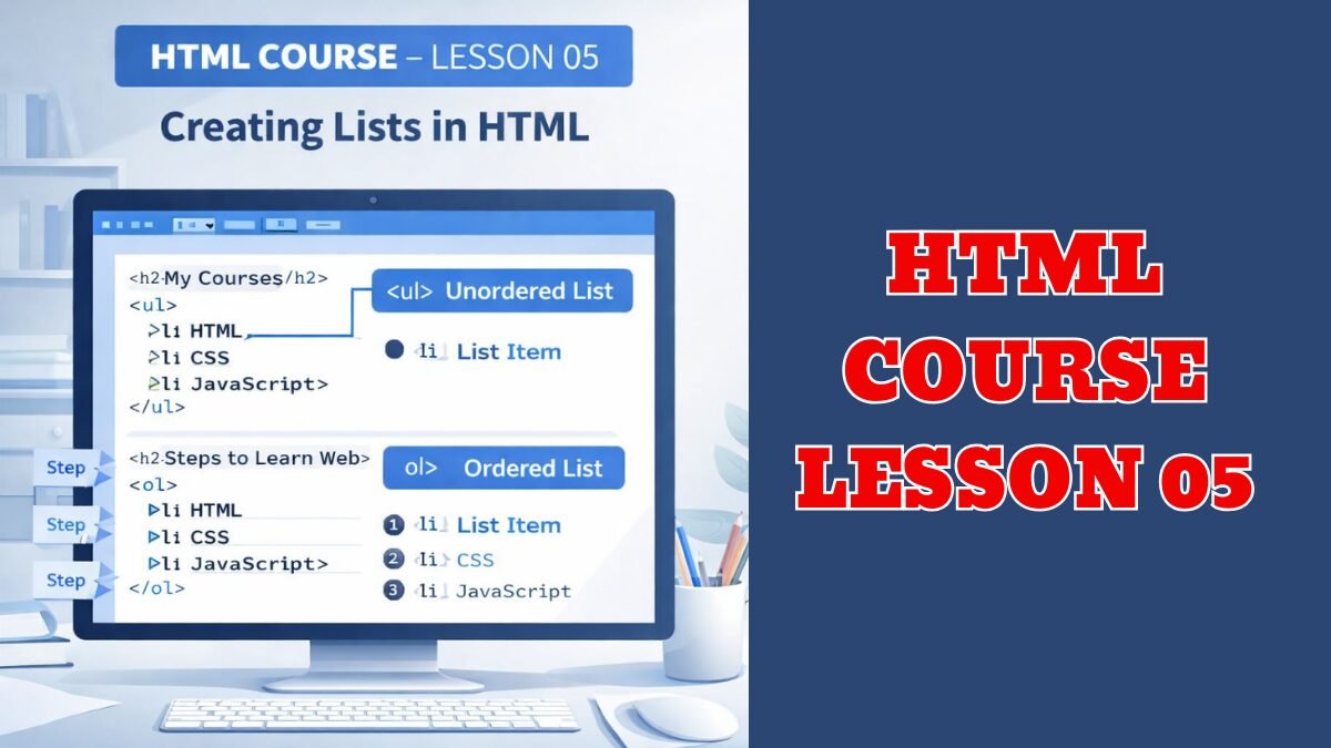 HTML List Tutorial infographic showing unordered list and ordered list examples using ul, ol, and li tags in HTML Course Lesson 05.