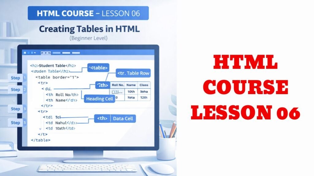 HTML Table Tutorial infographic showing how to create tables in HTML using table, tr, th, and td tags with a student table example in Lesson 06.
