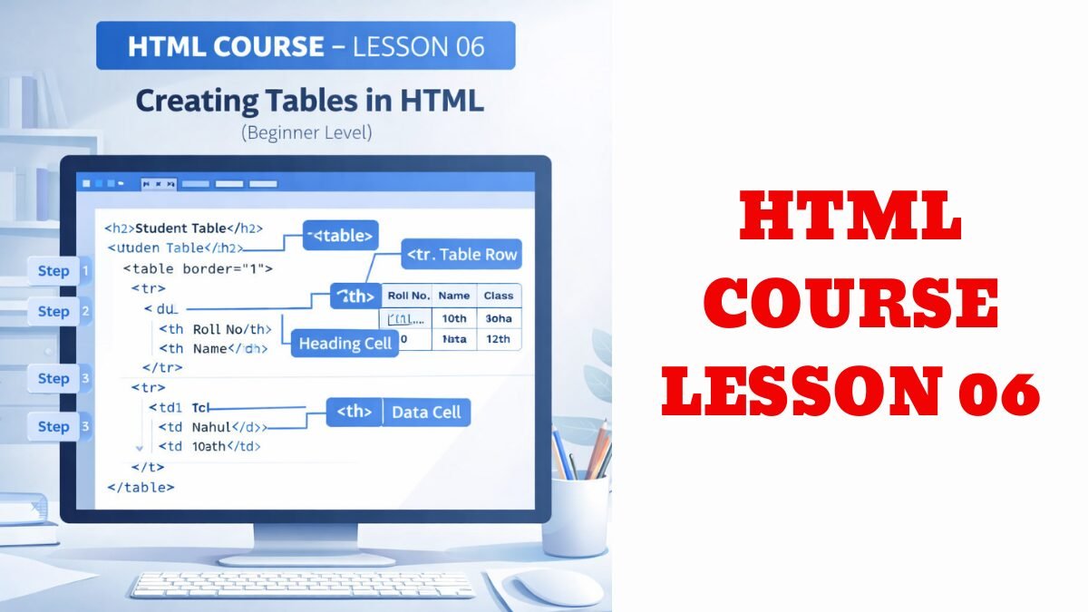 HTML Table Tutorial infographic showing how to create tables in HTML using table, tr, th, and td tags with a student table example in Lesson 06.