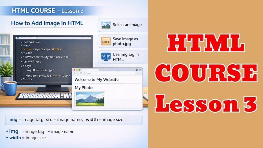 HTML Course Lesson 3 infographic showing how to add image in HTML using img tag with photo.jpg example