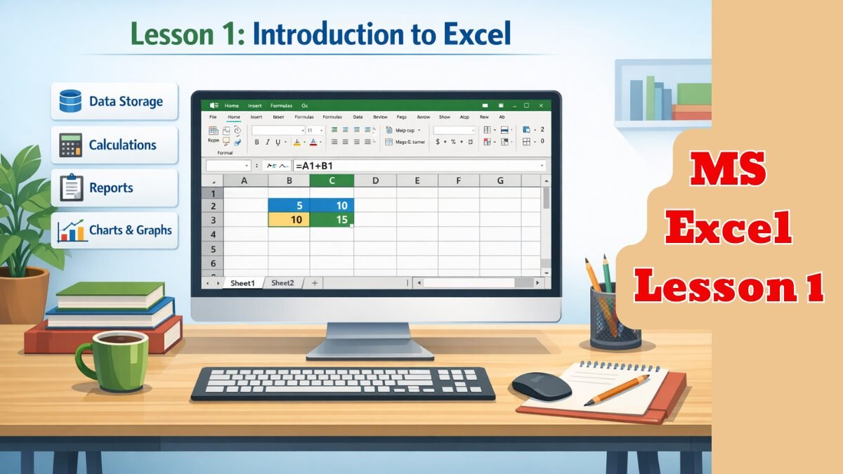 MS Excel Lesson 1 introduction image showing Excel interface with rows, columns, cells, and formula bar for beginners