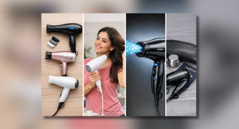 Hair Dryer से बाल सुखाती महिला – आयोनिक हेयर ड्रायर का क्लोज़अप व्यू