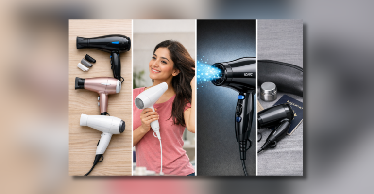 Hair Dryer से बाल सुखाती महिला – आयोनिक हेयर ड्रायर का क्लोज़अप व्यू