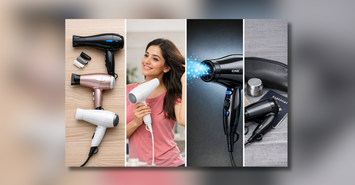 Hair Dryer से बाल सुखाती महिला – आयोनिक हेयर ड्रायर का क्लोज़अप व्यू