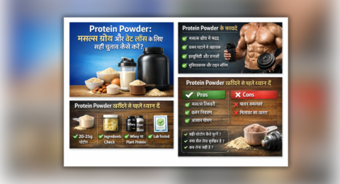 Protein Powder jar aur scoop ke sath fitness supplement image