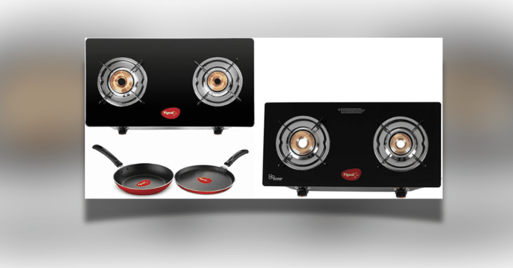 Pigeon gas stove – तीन बर्नर वाला टफन्ड ग्लास गैस स्टोव, तेज और सुरक्षित कुकिंग के लिए