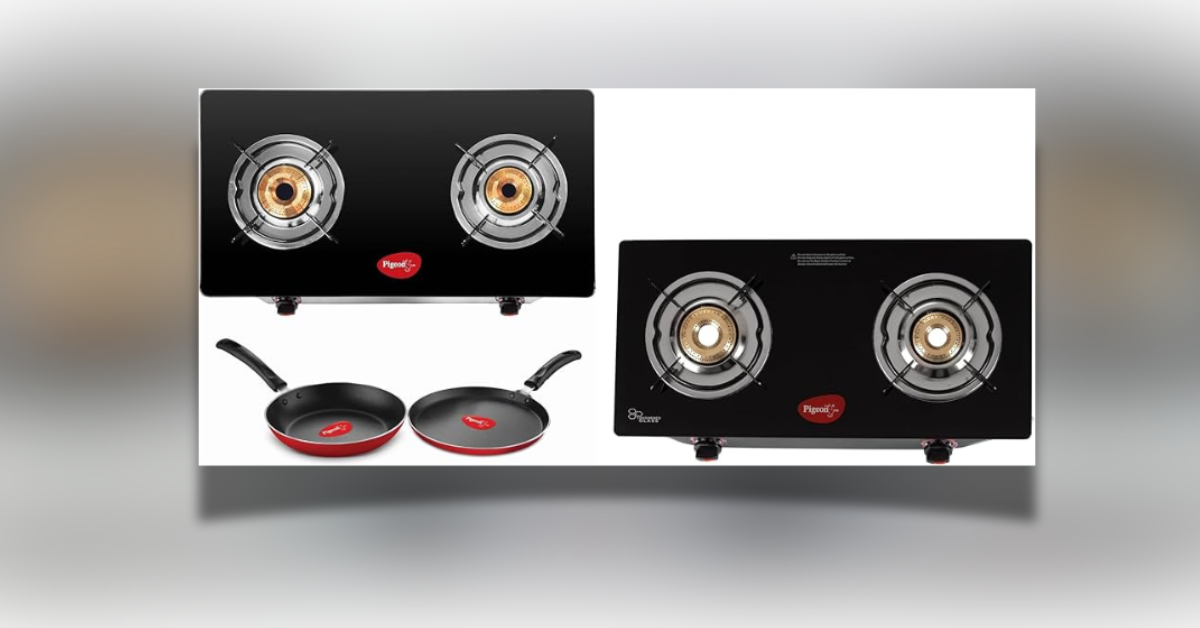 Pigeon gas stove – तीन बर्नर वाला टफन्ड ग्लास गैस स्टोव, तेज और सुरक्षित कुकिंग के लिए