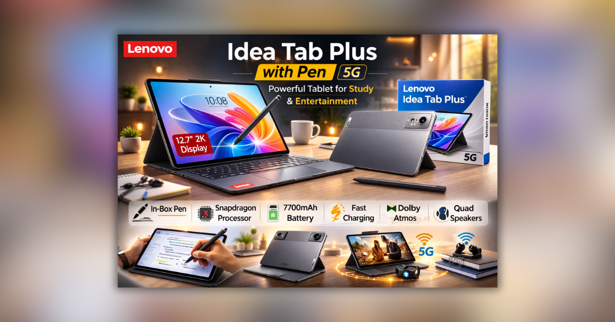 Lenovo Idea Tab Plus with Pen Tablet front view with large display and stylus