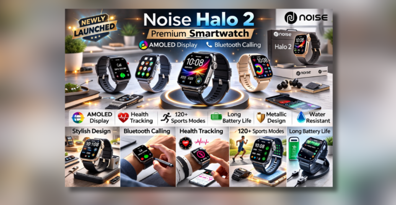 Noise Halo 2 Smartwatch front display with AMOLED screen and metallic design