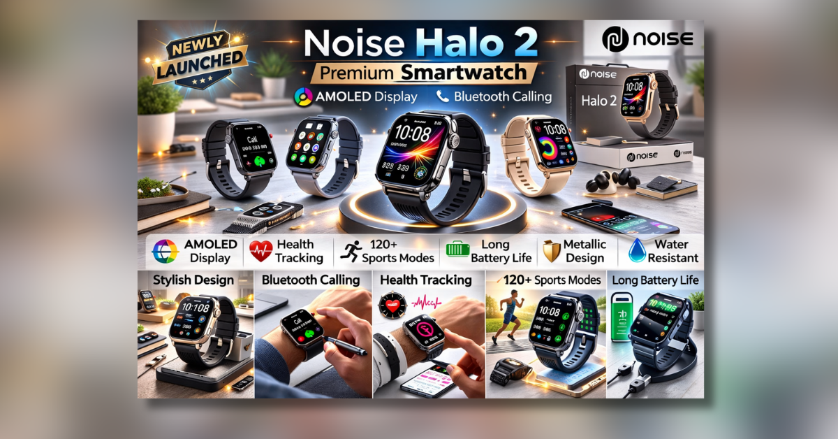 Noise Halo 2 Smartwatch front display with AMOLED screen and metallic design