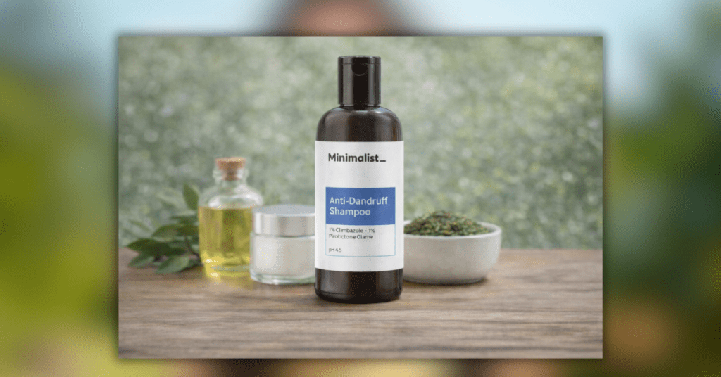 Minimalist Anti Dandruff Shampoo bottle with active ingredients for dandruff and oily scalp control