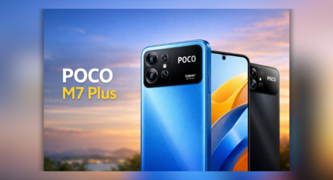 Poco M7 Plus smartphone front and back view with 108MP camera