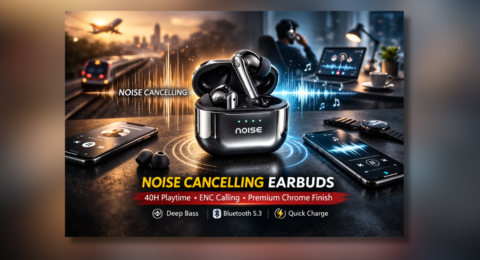 क्रोम फिनिश के साथ Noise cancelling earbuds और चार्जिंग केस