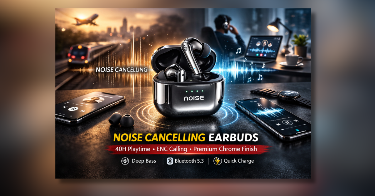 क्रोम फिनिश के साथ Noise cancelling earbuds और चार्जिंग केस
