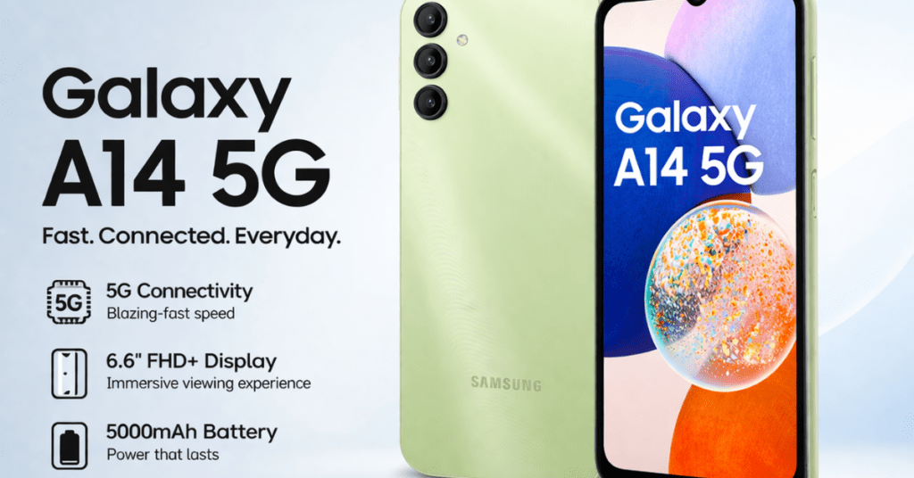 Samsung Galaxy A14 5G smartphone front and back view with 6.6 inch display and triple camera