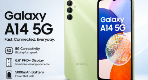 Samsung Galaxy A14 5G smartphone front and back view with 6.6 inch display and triple camera