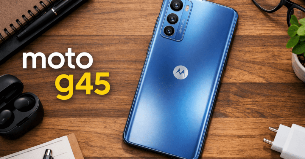 Moto G45 स्मार्टफोन का HD इमेज जिसमें डिजाइन और कैमरा साफ दिख रहा है
