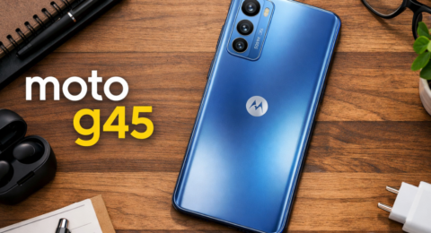 Moto G45 स्मार्टफोन का HD इमेज जिसमें डिजाइन और कैमरा साफ दिख रहा है