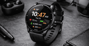 Noise स्मार्ट वॉच जिसमें AMOLED डिस्प्ले पर समय, हार्ट रेट और फिटनेस ट्रैकिंग फीचर्स दिख रहे हैं