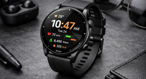 Noise स्मार्ट वॉच जिसमें AMOLED डिस्प्ले पर समय, हार्ट रेट और फिटनेस ट्रैकिंग फीचर्स दिख रहे हैं