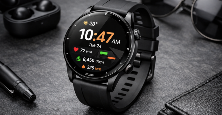 Noise स्मार्ट वॉच जिसमें AMOLED डिस्प्ले पर समय, हार्ट रेट और फिटनेस ट्रैकिंग फीचर्स दिख रहे हैं