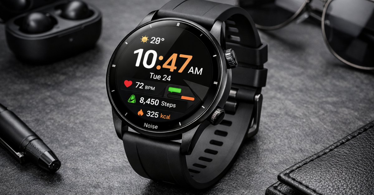 Noise स्मार्ट वॉच जिसमें AMOLED डिस्प्ले पर समय, हार्ट रेट और फिटनेस ट्रैकिंग फीचर्स दिख रहे हैं