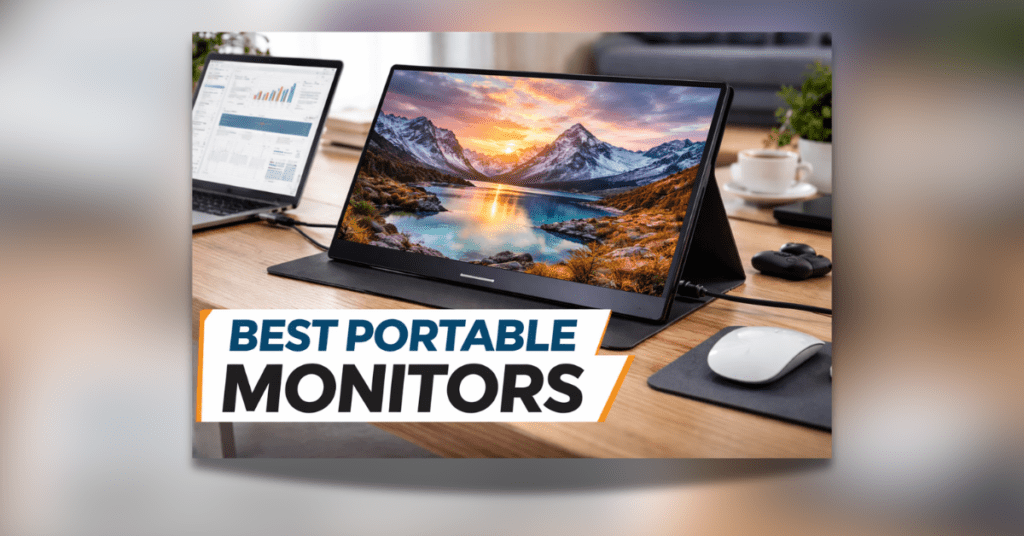 Portable monitor connected to laptop on desk for dual screen setup