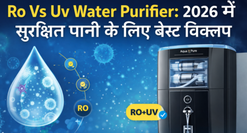 Ro Vs Uv Water Purifier तुलना इमेज जिसमें RO+UV प्यूरीफायर के फायदे और फीचर्स दिखाए गए हैं