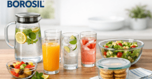 Borosil Glass Set जग और गिलास के साथ किचन टेबल पर