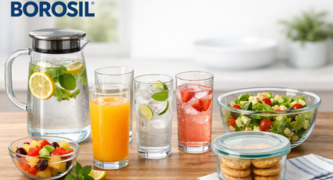Borosil Glass Set जग और गिलास के साथ किचन टेबल पर