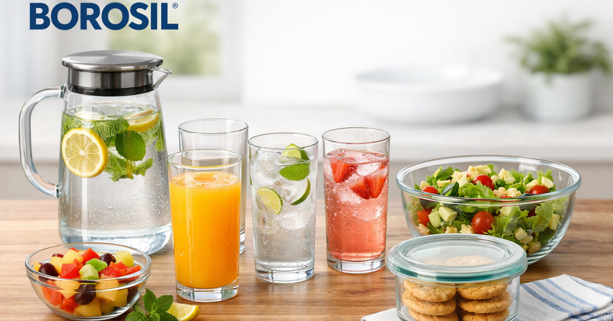 Borosil Glass Set जग और गिलास के साथ किचन टेबल पर