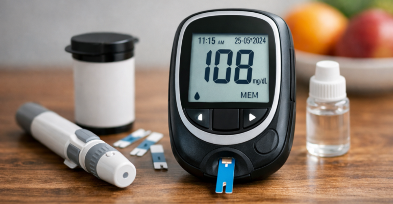 Glucometer से घर पर ब्लड शुगर चेक करते हुए