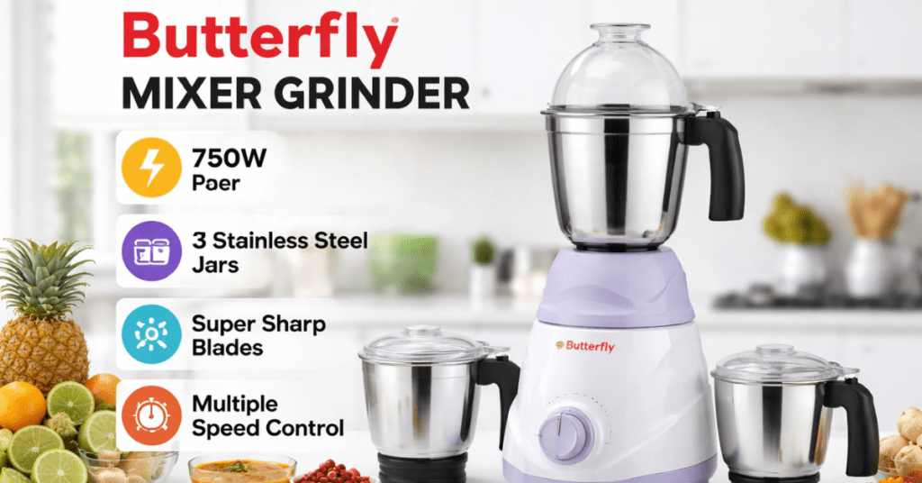 Butterfly mixer grinder 3 स्टेनलेस स्टील जार और 750W मोटर के साथ