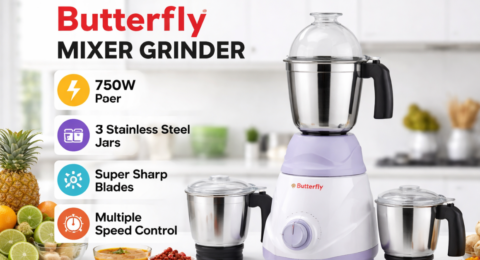 Butterfly mixer grinder 3 स्टेनलेस स्टील जार और 750W मोटर के साथ