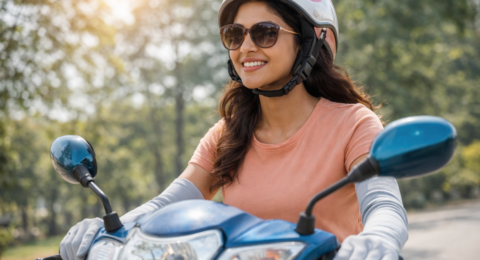 Sun Protection Gloves पहनकर स्कूटर चलाती महिला UV Protection के साथ