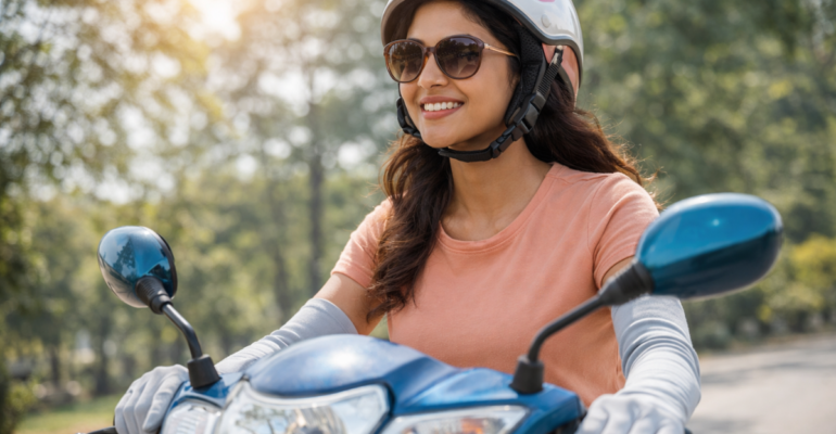 Sun Protection Gloves पहनकर स्कूटर चलाती महिला UV Protection के साथ
