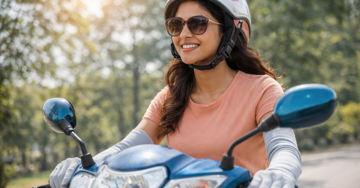 Sun Protection Gloves पहनकर स्कूटर चलाती महिला UV Protection के साथ