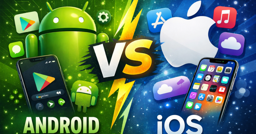 Android vs iOS comparison image showing features, apps and user interface difference