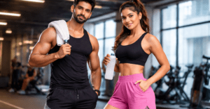 Gym Shorts पहनकर जिम में वर्कआउट करते पुरुष और महिला (2026)