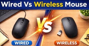 Wired Vs Wireless Mouse का तुलना चित्र जिसमें Dell MS116 wired mouse और wireless mouse दिखाया गया है