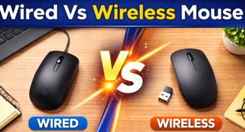 Wired Vs Wireless Mouse का तुलना चित्र जिसमें Dell MS116 wired mouse और wireless mouse दिखाया गया है