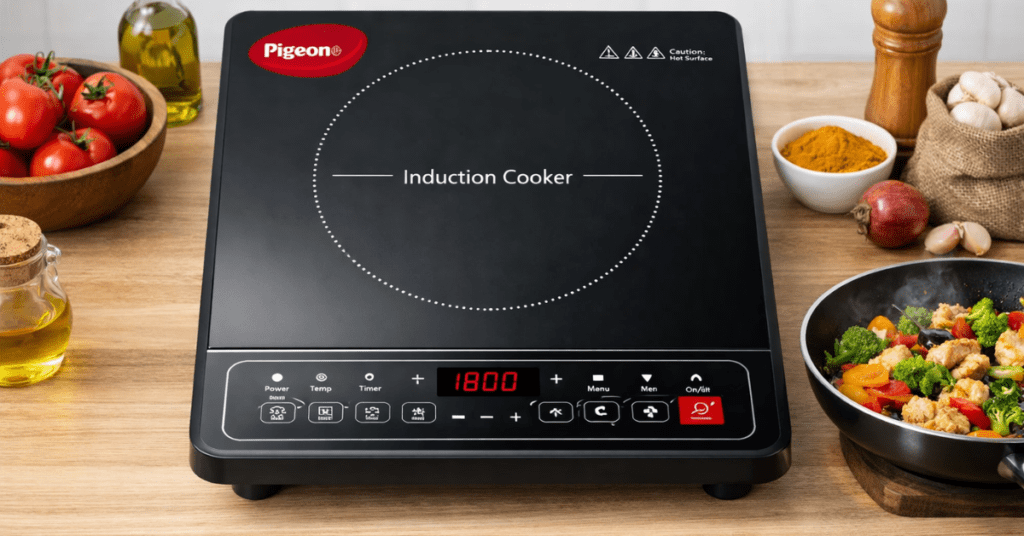 Pigeon induction cooktop पर बिजली से खाना जल्दी पकाते हुए