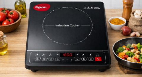 Pigeon induction cooktop पर बिजली से खाना जल्दी पकाते हुए