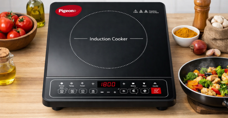 Pigeon induction cooktop पर बिजली से खाना जल्दी पकाते हुए