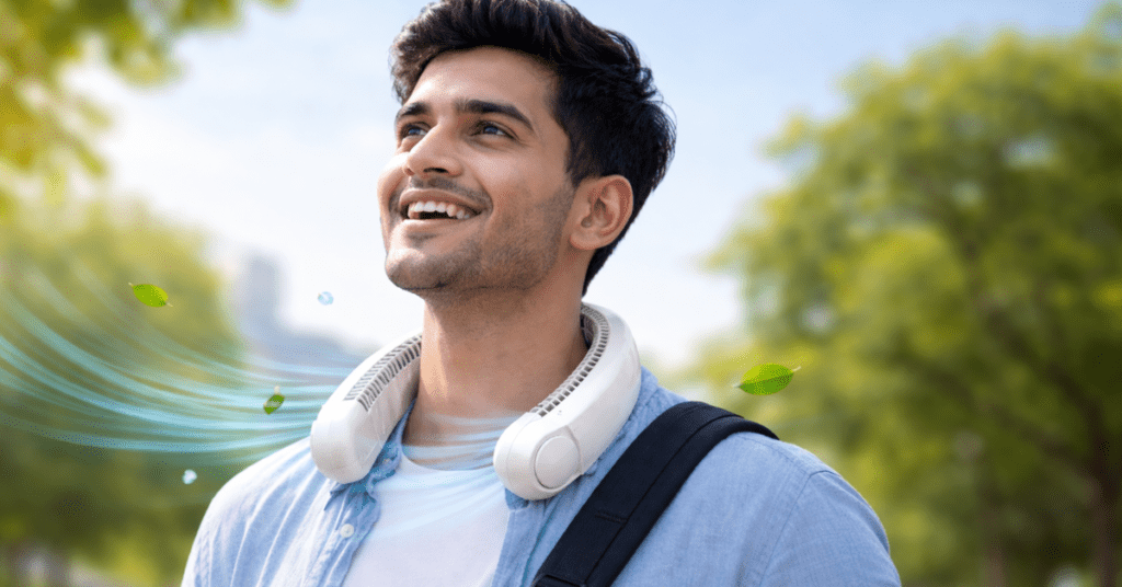 Neck Fan 2026 नेक फैन पहनकर गर्मी में ठंडी हवा का आनंद लेते व्यक्ति